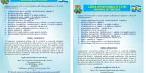 This is a notice with list of job vacancies needed by Kenyatta University Image/MyGov 