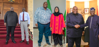 Wicknell Chivayo, Chief Executive Officer of Intratrek Zimbabwe with President William Ruto (left), Tanzania President, Samia Suluhu (middle) and Nigeria President (right). PHOTO/Courtesy