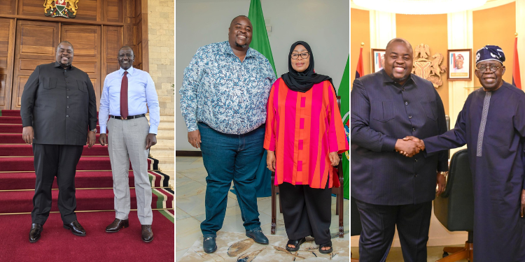 Wicknell Chivayo, Chief Executive Officer of Intratrek Zimbabwe with President William Ruto (left), Tanzania President, Samia Suluhu (middle) and Nigeria President (right). PHOTO/Courtesy