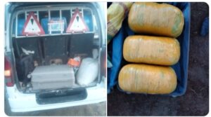 Brown suitcase containing three packages of bhang, neatly wrapped in yellow cellotape recovered by DCI at Limuru, Kiambu County. PHOTO/DCI Kenya/X