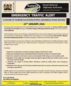 KeNHA Notice on the emergency Alert