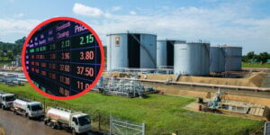 An image of Kenya Pipeline Company holding deport and an insert of the Nairobi Securities Exchange market. Photo KPC/NSE