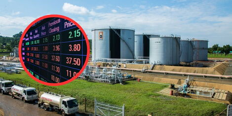 An image of Kenya Pipeline Company holding deport and an insert of the Nairobi Securities Exchange market. Photo KPC/NSE