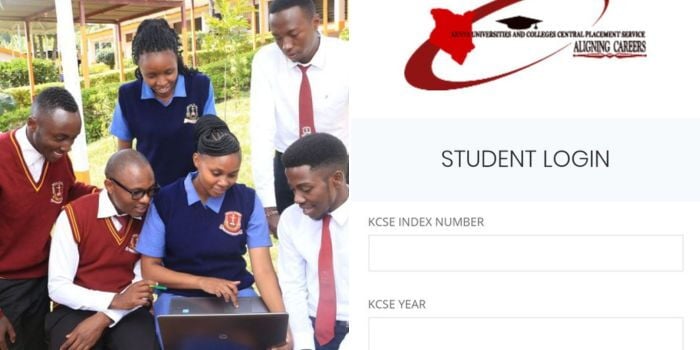File image of KMTC students (left) and KUCCPS students portal.