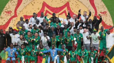 Senegal celebrate their victory after edging Morocco in the 2925 AFCON final. PHOTO/CAF