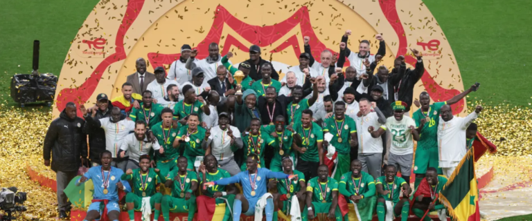 Senegal celebrate their victory after edging Morocco in the 2925 AFCON final. PHOTO/CAF