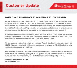 Kenya Airways statement on the flight return to Kenya due to unsafe weather conditions for landing. PHOTO/KQ