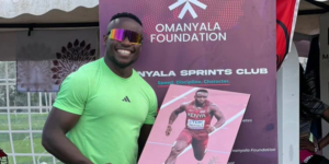 Omanyala during the launch of his Sprinter School Club at Merishaw Highschool PHOTO/ACC/FB