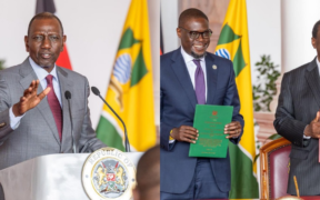 A photo collage of President William Ruto and Prime CS Musalia Mudavadi and Nairobi Governor Johnson Sakaja holding the agreement signed between the National Government and Nairobi County Government. PHOTO/PCS.