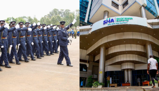 A Photo Collage of National Police Service During A Past Parade and SHA building in Nairobi. PHOTO/ File