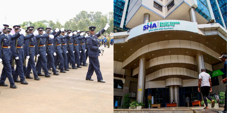A Photo Collage of National Police Service During A Past Parade and SHA building in Nairobi. PHOTO/ File