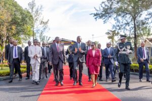 President William Ruto, CS Interior Kipchumba Murkomen, and Gender Cabinet Secretary Hanna Wendot Cheptumo leading an official procession at Ruiru Prisons Collage. PHOTO/ Ruto X