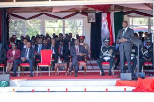 Interior CS Kipchumba Murkomen speaking during the 46th Pass-Out Parade for 3,862 Kenya Prisons Service (KPS) recruits ceremony held on February 26, 2026, at the Prisons Staff Training College (PSTC) in Ruiru, Kiambu County with President William Ruto(seated) onlooking. PHOTO/ Ruto X 