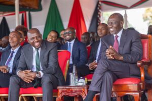 President William Ruto (right) sharing a jovial moment with Interior CS Kipchumba Murkomen at Ruiru Prisons Collage. PHOTO/ Ruto X 