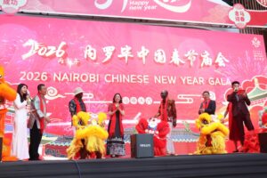 Tourism Principal Secretary John Ololtuaa and Chinese Ambassador to Kenya Guo Haiyan lead other officials during the Chinese New year gala celebrations at the Two Rivers mall, Nairobi on February 8, 2026. PHOTO/ LEAH MUKANGAI