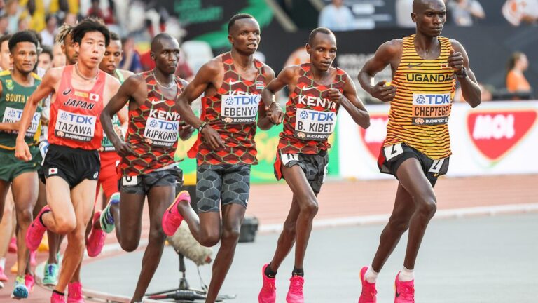 Cheptegei-Kibet and Ebenyo in the men’s 10,000m final at the 2023 World Athletics Championships in Budapest. Photo: Courtesy.