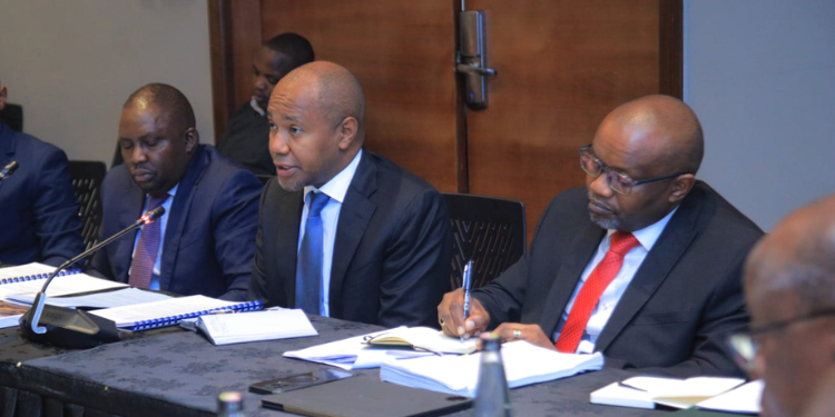 Gulf Energy E&P BV Chairman Francis Njogu, Group CEO Paul Limoh, and Country Manager, Franklin Juma appearing at a Joint Parliamentary Committee of Energy meeting. PHOTO/FILE