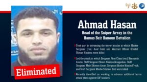 Military report on the elimination of Ahmad Hasan, Head of the Sniper Array in the Hamas Beit Hanoun Battalion. PHOTO/IDF/X