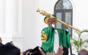 Bomet University Ag. Vice Chancellor lifting the mace during the a ward of charter ceremony on February 3, 2025 at the State House. PHOTO/@EduMinKenya/X