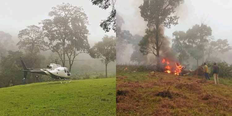 A helicopter crashed and burst into flames in Chepkiep, Mosop Sub-county, Nandi County, on Saturday, February 28, 2026, with early reports indicating that it was carrying five passengers at the time of the crash.