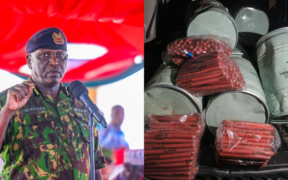 A photo collage of Police IG Douglas Kanja and the intercepted chemicals and explosives at the Isebania Border in Kuria West Sub-County. PHOTO/KPS.