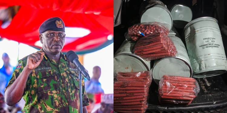 A photo collage of Police IG Douglas Kanja and the intercepted chemicals and explosives at the Isebania Border in Kuria West Sub-County. PHOTO/KPS.
