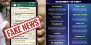 Collage photo of the fake WhatsApp message with God and Statement of Faith as per the church notice PHOTO/Ministry of Repentance and Holiness/X
