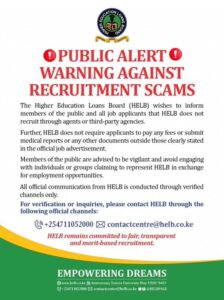 A Notice by HELB Concerning the Fake Recruitment Job Scams Related To HELB. PHOTO/ HELB 