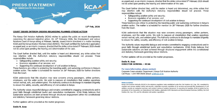 The Kenya Civil Aviation Authority (KCAA) has updated the public on recent developments concerning the planned industrial action. 