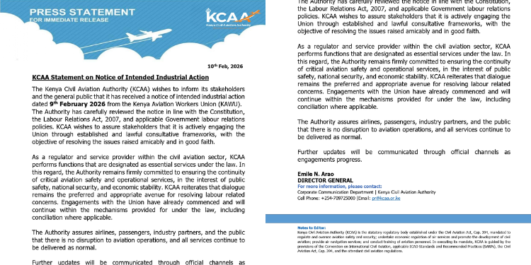 KCAA Director General Emile N. Arao said they have carefully reviewed the notice in line with the Constitution, the Labour Relations Act, 2007, and applicable Government labour relations policies