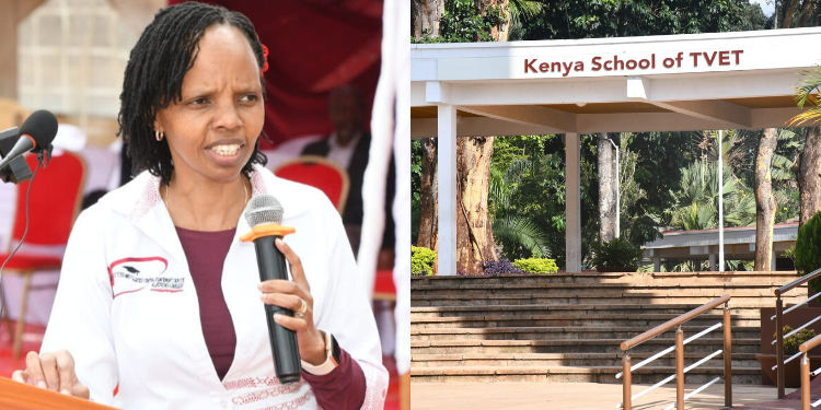 A photo collage of KUCCPS CEO Dr. Agnes Wahome and Kenya School of TVET. PHOTO/Courtesy.