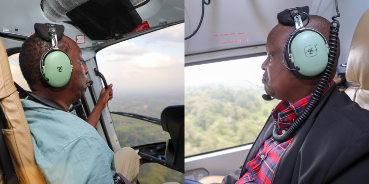 Forestry PS Gitonga Mugambi, and CCF Alex Lemarkoko, undertook an aerial assessment of the wildfire in Ontulili Forest at Sirimon near Sirimon Gate. PHOTO/KFS.