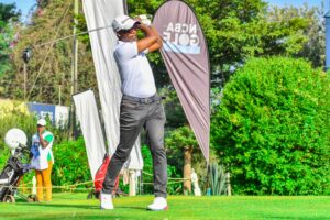 NCBA Group Managing Director John Gachora follows his tee shot at during the Muthaiga Golf Club leg of the 2026 NCBA Golf Series. He won the staff category. PHOTO/File