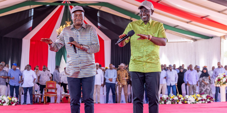 President William Ruto with DP Kithure Kindiki during the NYOTA disbursement programme in Wajir. PHOTO/PCS.