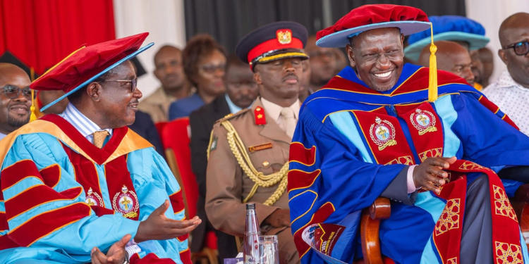 President William Ruto and Education CS Julius Ogamba during the 5th Graduation Ceremony of Uzima University in Kisumu County on January 30, 2025. PHOTO/PCS.