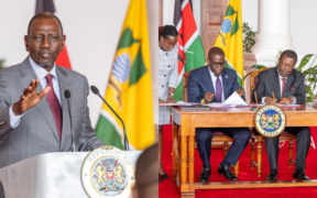 A photo collage of President William Ruto and Prime CS Musalia Mudavadi and Nairobi Governor Johnson Sakaja signing the agreement between the National Government and Nairobi County Government. PHOTO/PCS.