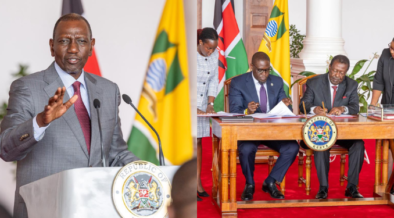 A photo collage of President William Ruto and Prime CS Musalia Mudavadi and Nairobi Governor Johnson Sakaja signing the agreement between the National Government and Nairobi County Government. PHOTO/PCS.