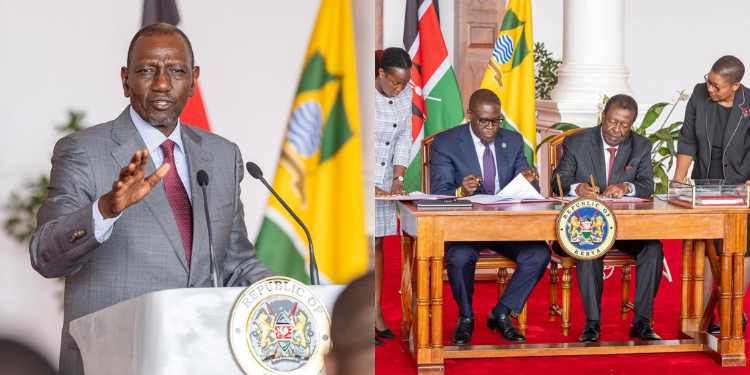A photo collage of President William Ruto and Prime CS Musalia Mudavadi and Nairobi Governor Johnson Sakaja signing the agreement between the National Government and Nairobi County Government. PHOTO/PCS.