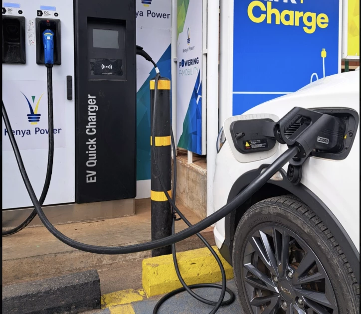 An electric vehicle at an EV charging station in Nairobi. Photo/File