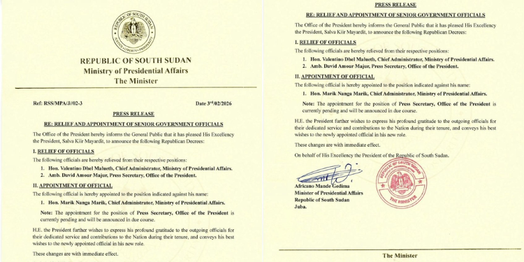 South Sudan's President Salva Kiir has sacked two senior aides