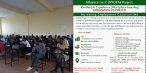 Collage photo of Homabay youths during the NYOTA program induction and the poster showing an update of the on-the-experience programme PHOTO/Ministry of Labour/X