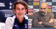 Collage photo of Tottenham Hotspur's manager Thomas Frank and City's manager Pep Guardiola PHOTO/ACC/X