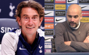 Collage photo of Tottenham Hotspur's manager Thomas Frank and City's manager Pep Guardiola PHOTO/ACC/X