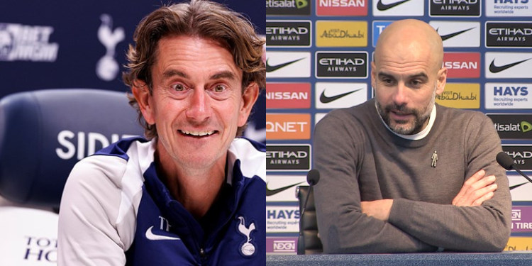 Collage photo of Tottenham Hotspur's manager Thomas Frank and City's manager Pep Guardiola PHOTO/ACC/X