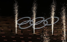 The olympic rings stand out during the closing ceremony of the 2026 winter Olympics in Verona Italy PHOTO/AP/Antonio Calanni