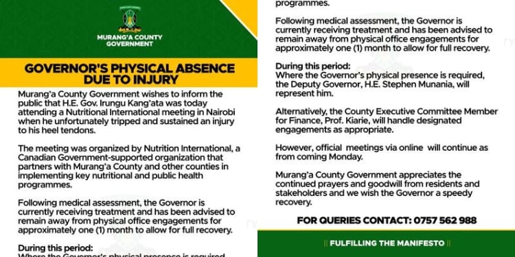 Murang’a County Statement on Governor Irungu Kang’ata’s Accident. PHOTO/ Murang’a County