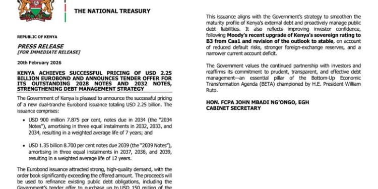 The Government of Kenya has announced the successful pricing of a new dual-tranche Eurobond issuance totaling USD 2.25 billion.