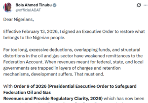 Part of the statement by President Bola Ahmed Tinubu on his X account on February 19, 2026. PHOTO/Screengrab by Hivileo.