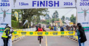 Amos Kiprotich crossing the finish line during the Betika Kapsabet 15KM Road Race. PHOTO/ Dennis Murimi