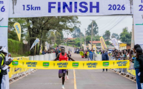 Amos Kiprotich crossing the finish line during the Betika Kapsabet 15KM Road Race. PHOTO/ Dennis Murimi